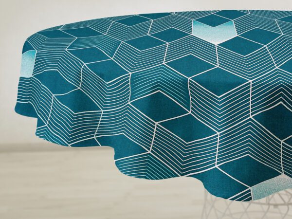 Kulatý bavlněný ubrus 3D čtverce na petrolejové značky Škodák