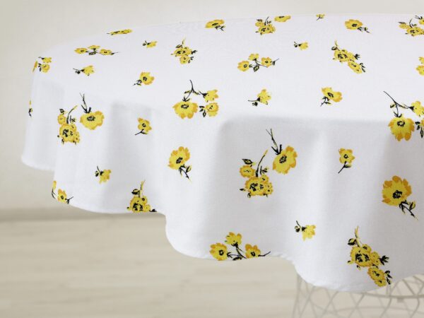 Kulatý bavlněný ubrus žluté květy na bílé značky Škodák
