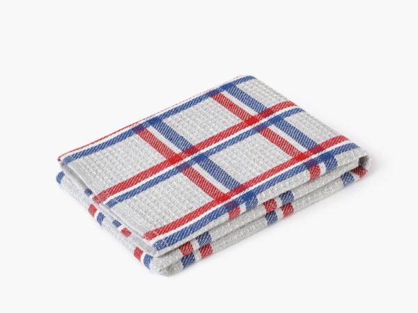 Polovaflová utěrka pestře tkaná modro-červené káro na šedé značky Škodák
