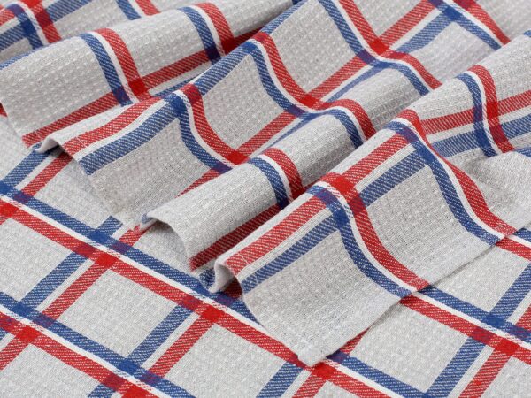 Polovaflová utěrka pestře tkaná modro-červené káro na šedé značky Škodák