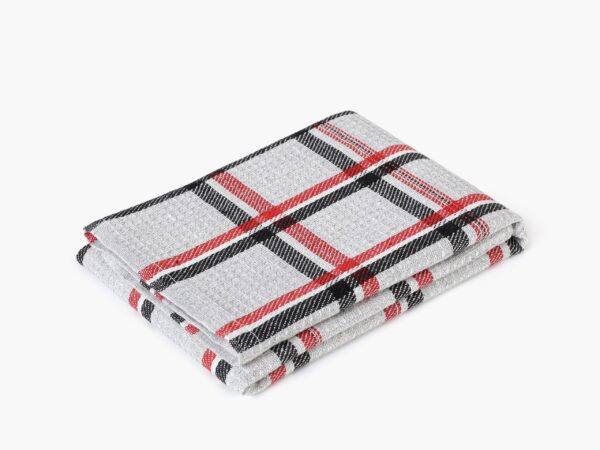Polovaflová utěrka pestře tkaná černo-červené káro na šedé značky Škodák