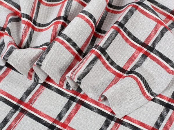 Polovaflová utěrka pestře tkaná černo-červené káro na šedé značky Škodák