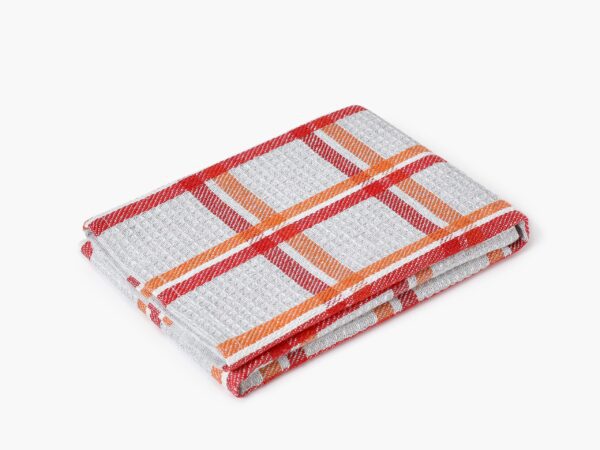 Polovaflová utěrka pestře tkaná oranžovo-červené káro na šedé značky Škodák
