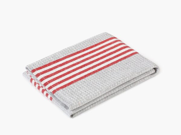 Polovaflová utěrka pestře tkaná červený proužek na šedé značky Škodák