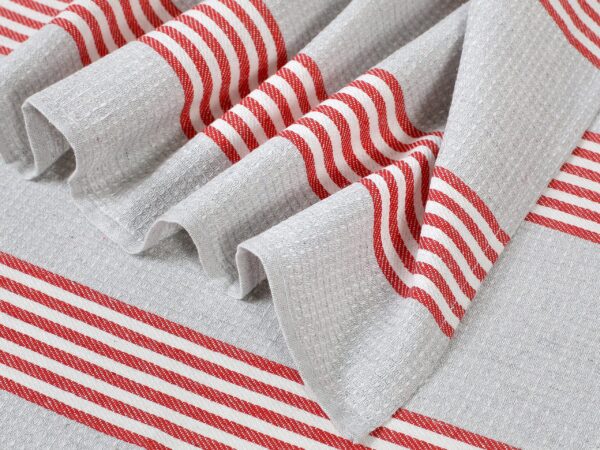 Polovaflová utěrka pestře tkaná červený proužek na šedé značky Škodák