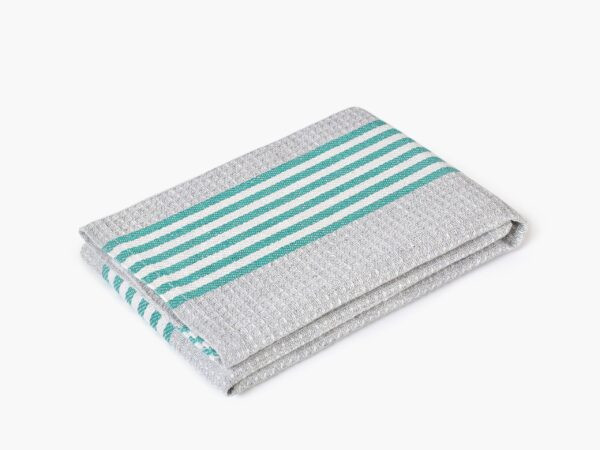 Polovaflová utěrka pestře tkaná zelený proužek na šedé značky Škodák