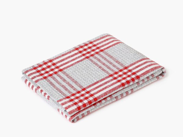 Polovaflová utěrka pestře tkaná červené káro na šedé značky Škodák