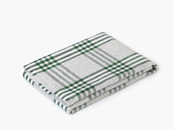 Polovaflová utěrka pestře tkaná zelené káro na šedé značky Škodák