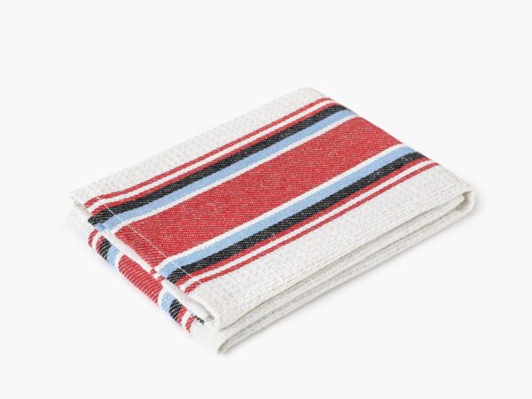 Polovaflová utěrka pestře tkaná červený a modrý proužek na režné značky Škodák