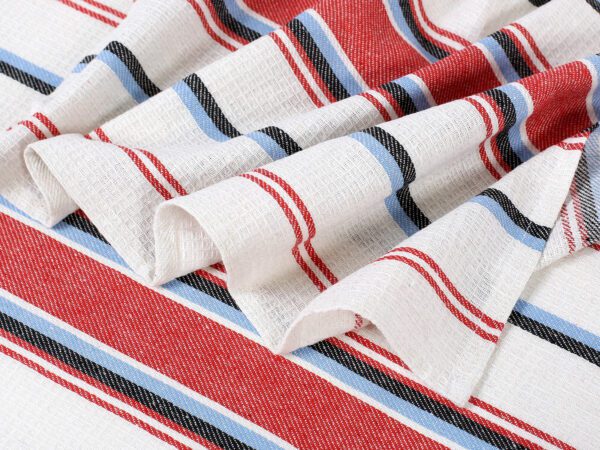 Polovaflová utěrka pestře tkaná červený a modrý proužek na režné značky Škodák