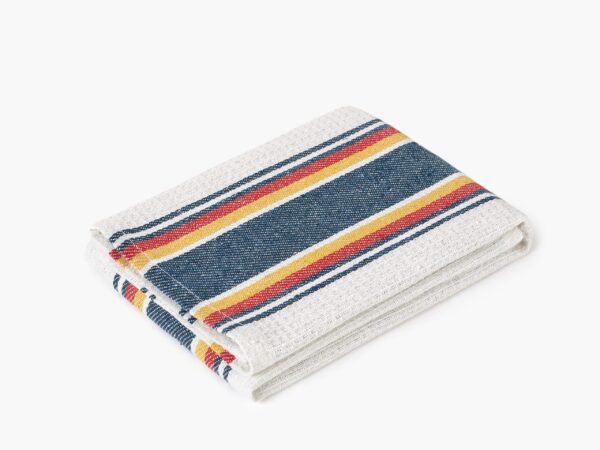 Polovaflová utěrka pestře tkaná modrý a žlutý proužek na režné značky Škodák