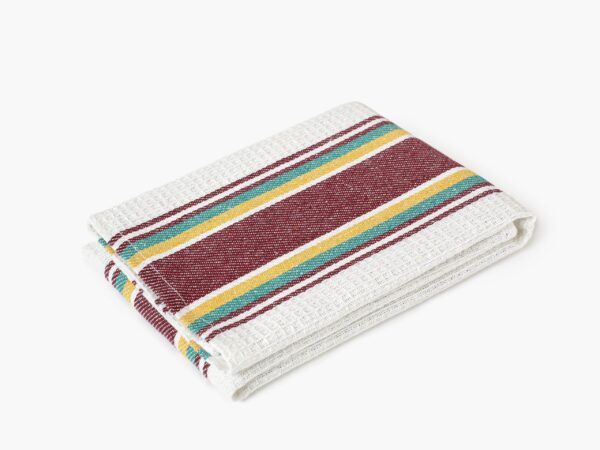 Polovaflová utěrka pestře tkaná hnědý a zelený proužek na režné značky Škodák