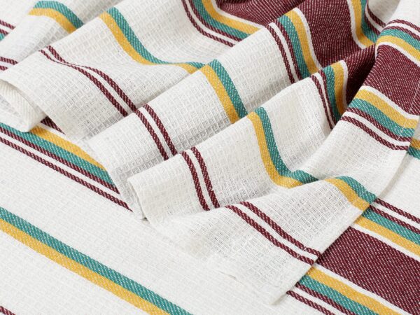 Polovaflová utěrka pestře tkaná hnědý a zelený proužek na režné značky Škodák