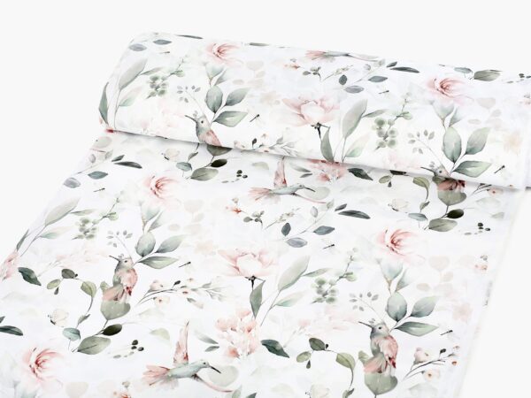 Bavlněný satén růžoví kolibříci metráž značky Škodák