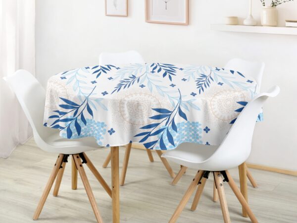 Kulatý bavlněný ubrus modré listy s mandalou značky Škodák