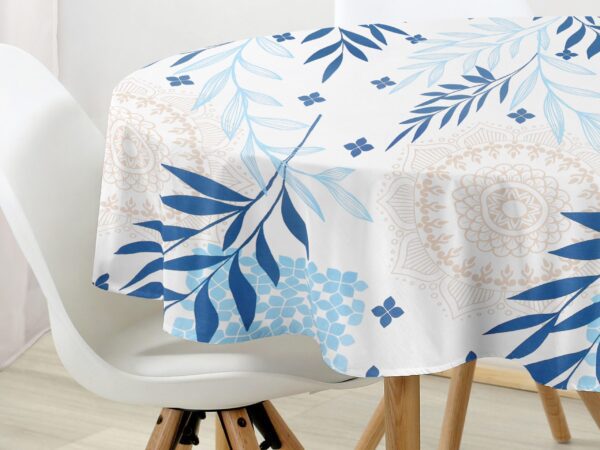 Kulatý bavlněný ubrus modré listy s mandalou značky Škodák
