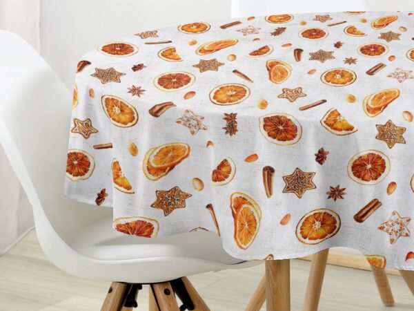 Kulatý ubrus Loneta pomeranč a skořice značky Škodák.