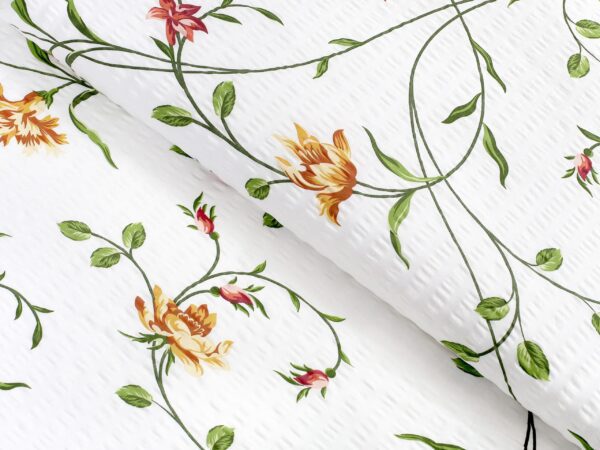 Krepová látka popínavé květy na bílé metráž značky Škodák