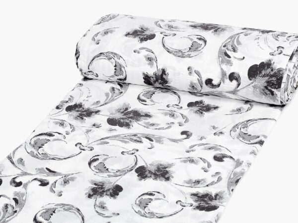 Krepová látka šedé listy na bílé metráž značky Škodák