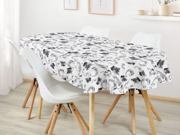 Oválný bavlněný ubrus šedé listy na bílé značky Škodák