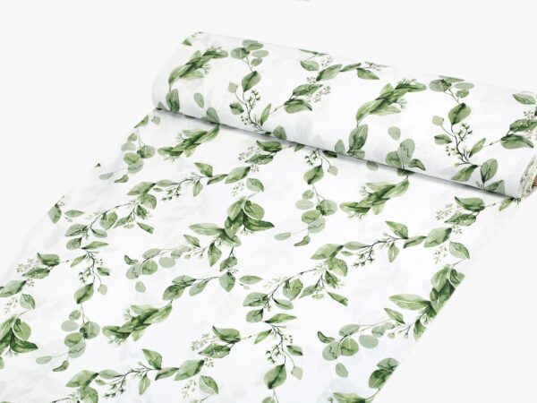 Bavlněný satén zelené listy na bílé metráž značky Škodák