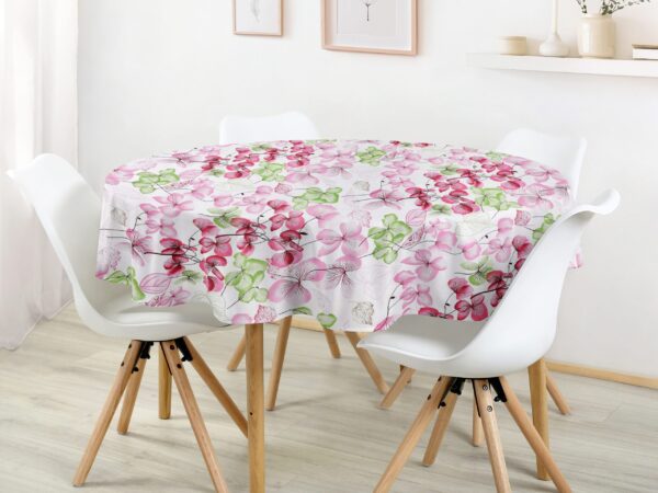 Kulatý bavlněný ubrus růžovo-zelený květ na bílé značky Škodák