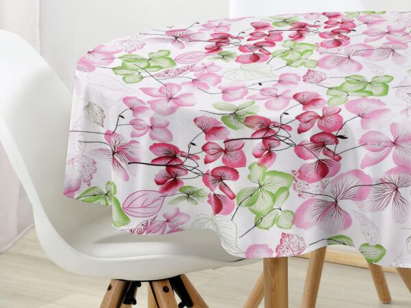 Kulatý bavlněný ubrus růžovo-zelený květ na bílé značky Škodák