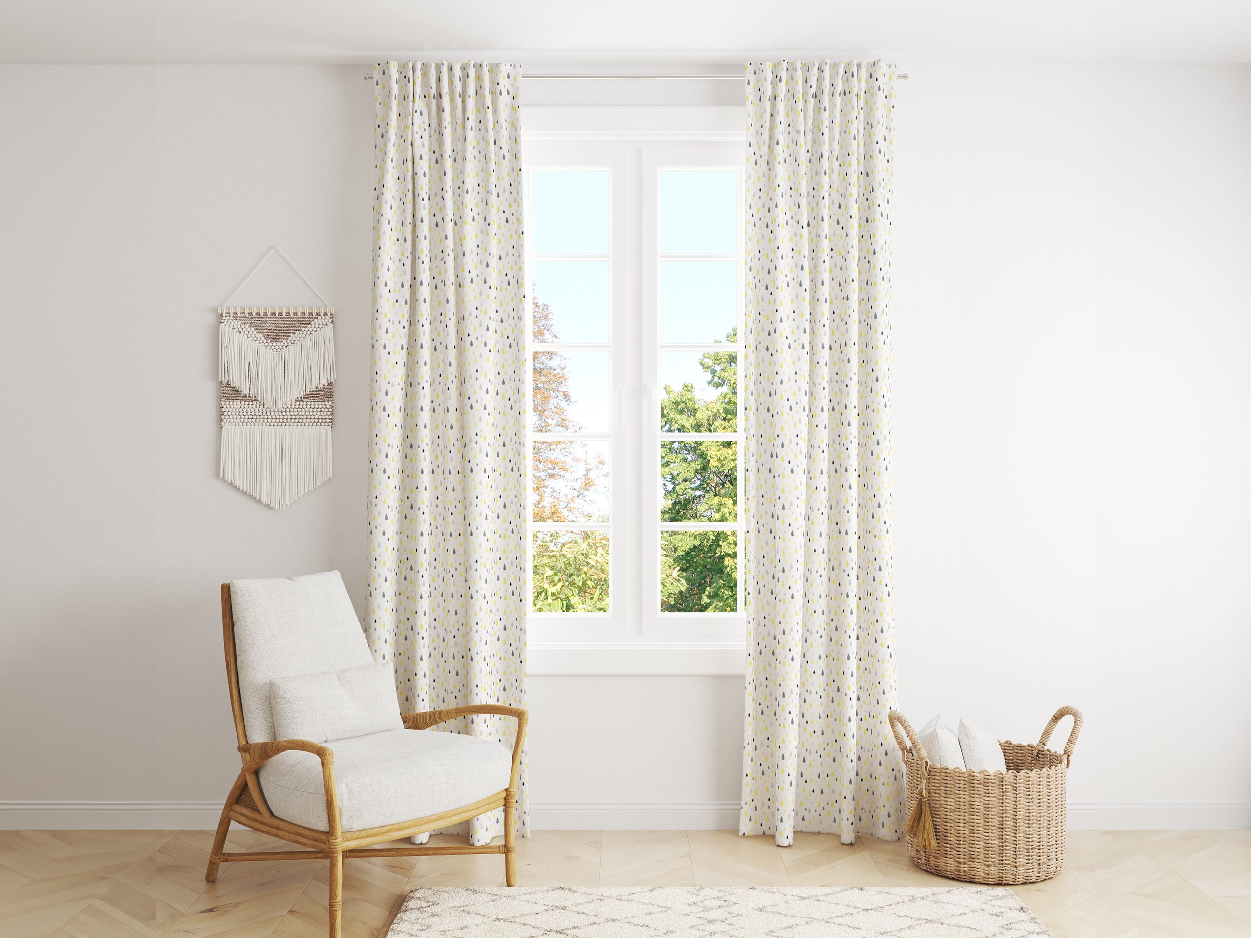 závěs Loneta žluté a šedé kapky značky Škodák