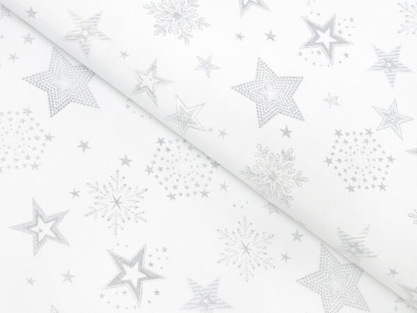 Dekorační látka stříbrné hvězdy na bílé metráž šířka 160 cm značky Škodák.