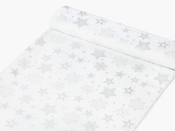 Dekorační látka stříbrné hvězdy na bílé metráž šířka 160 cm značky Škodák.