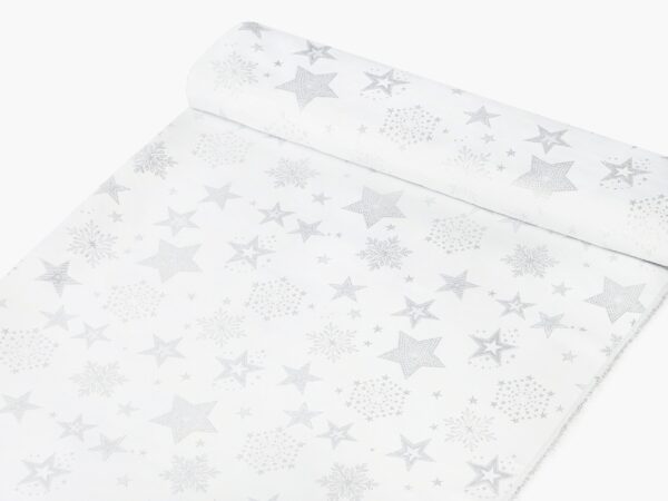 Dekorační látka stříbrné hvězdy na bílé metráž šířka 160 cm značky Škodák.