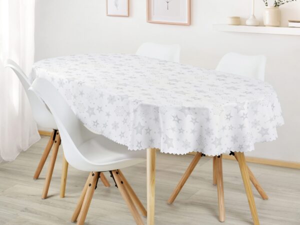 Oválný dekorační ubrus stříbrné hvězdy na bílé značky Škodák.