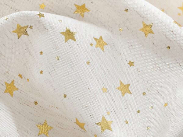 Kulatý dekorační ubrus zlaté hvězdy na režné značky Škodák.