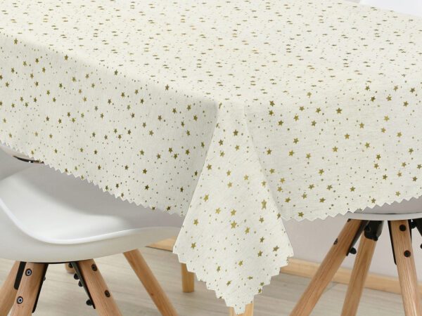 Hranatý dekorační ubrus zlaté hvězdy na režné značky Škodák.