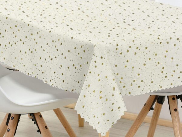 Hranatý dekorační ubrus zlaté hvězdy na režné značky Škodák.