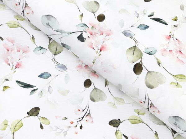 Dekorační látka eukalyptus s růžovými květy metráž šířka 160 cm značky Škodák.