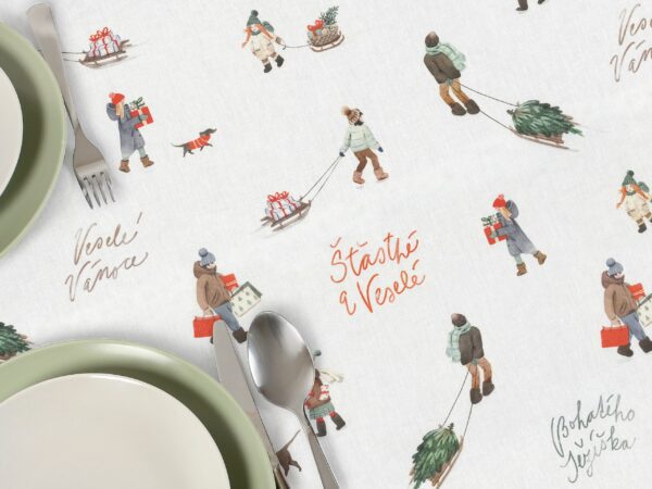 Hranatý bavlněný ubrus Veselé Vánoce značky Škodák.