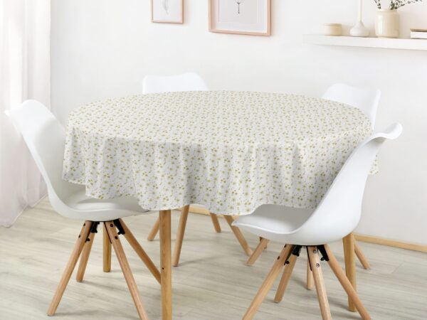 Kulatý bavlněný ubrus zlaté vločky na bílé značky Škodák.