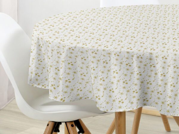 Kulatý bavlněný ubrus zlaté vločky na bílé značky Škodák.