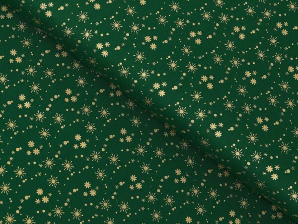 Bavlněná látka zlaté vločky na zelené metráž šířka 142 cm značky Škodák.