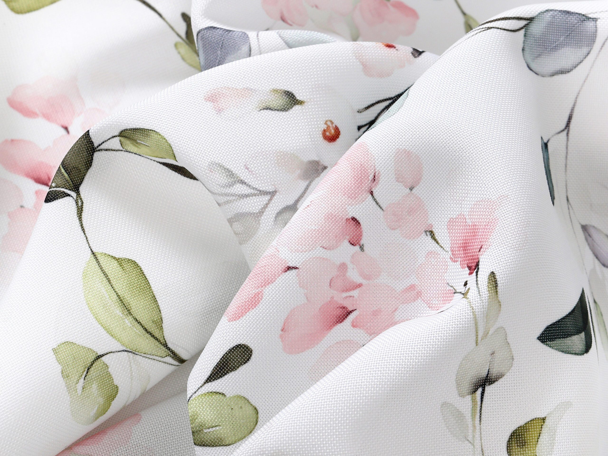 Dekorační látka eukalyptus s růžovými květy metráž šířka 160 cm značky Škodák.