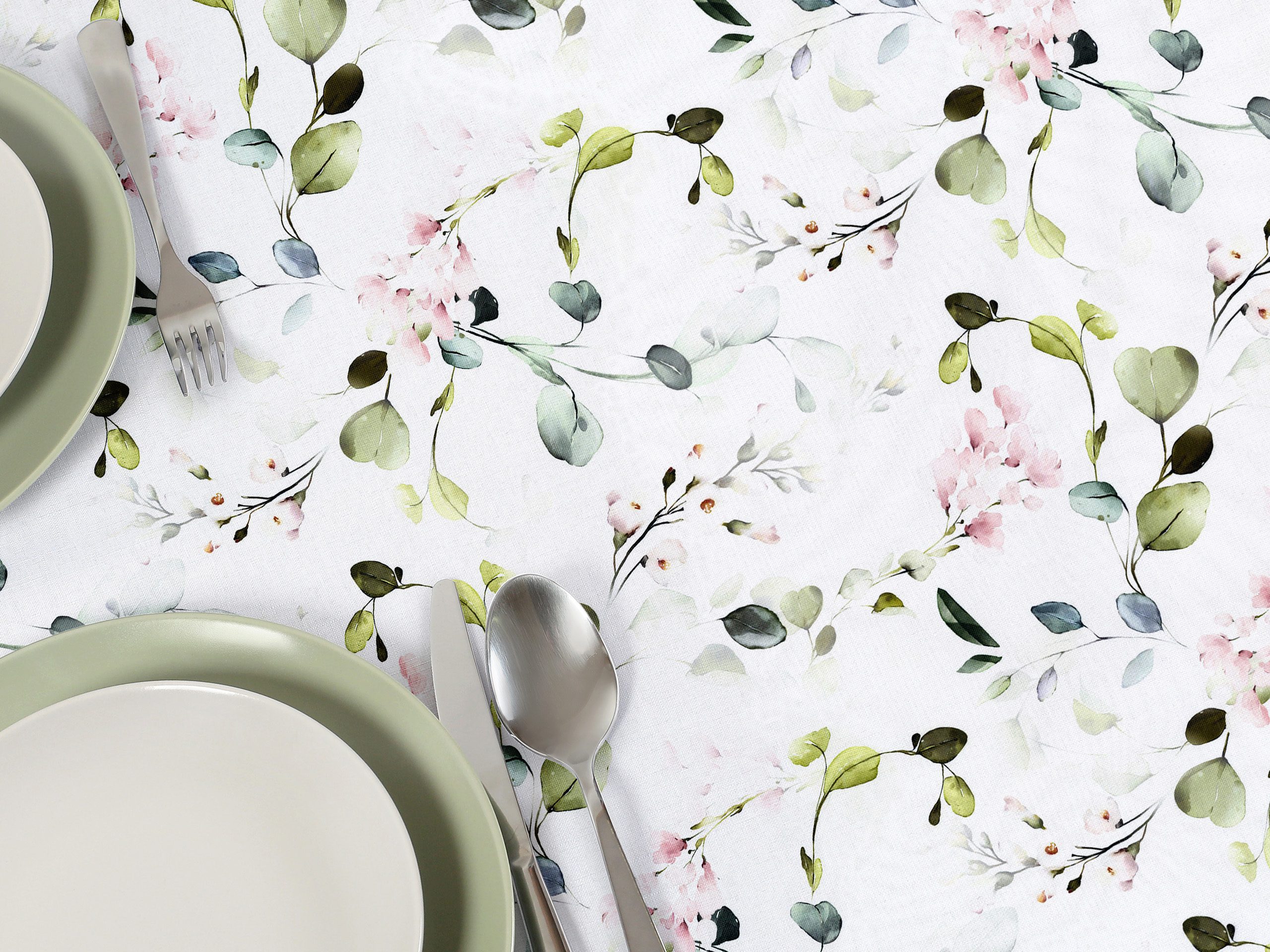 Dekorační ubrus eukalyptus s růžovými květy