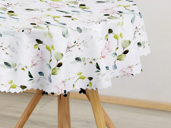 Kulatý dekorační ubrus eukalyptus s růžovými květy