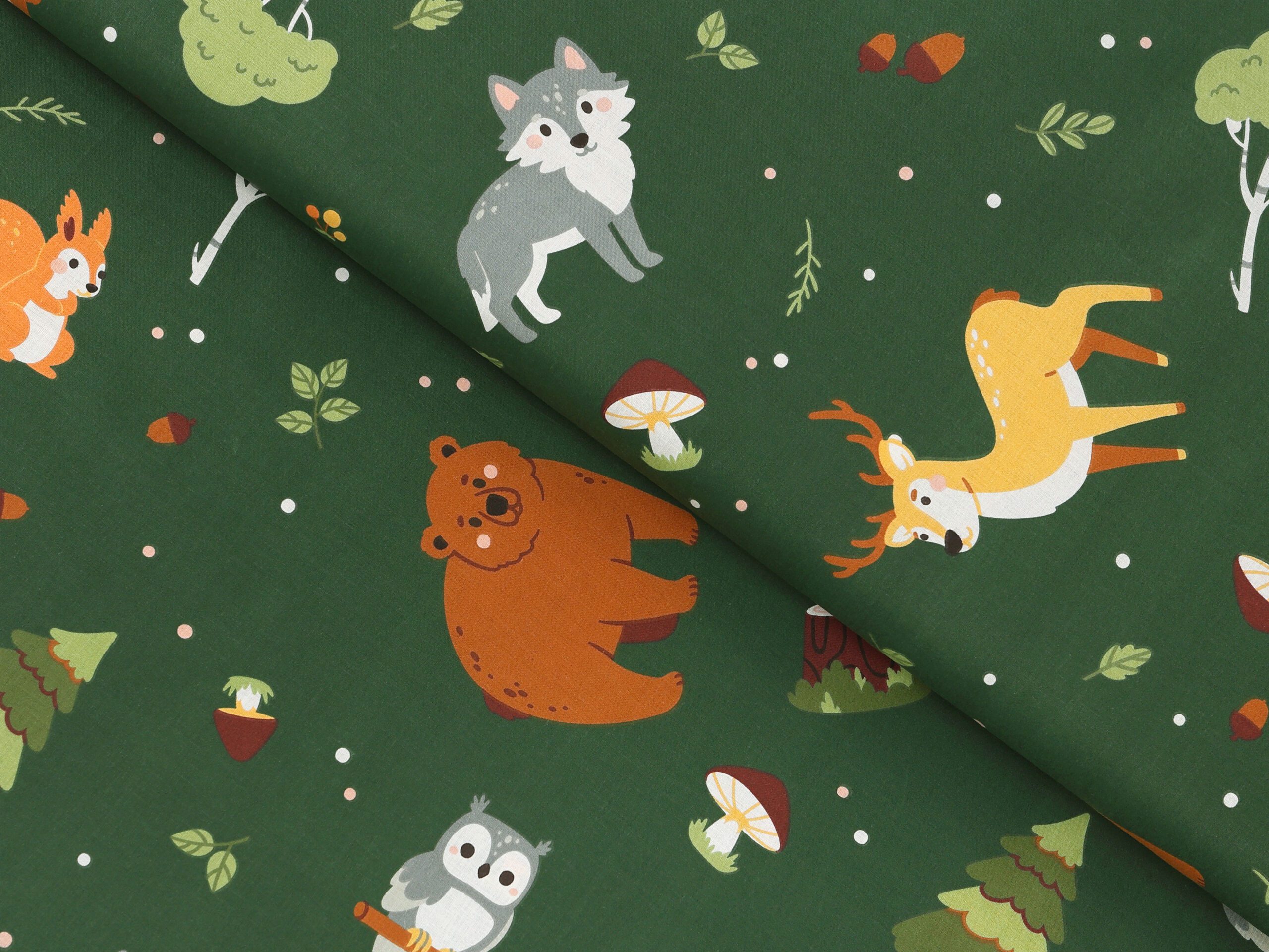 Bavlněná látka Řáholecký les na tmavě zelené metráž šířka 142 cm
