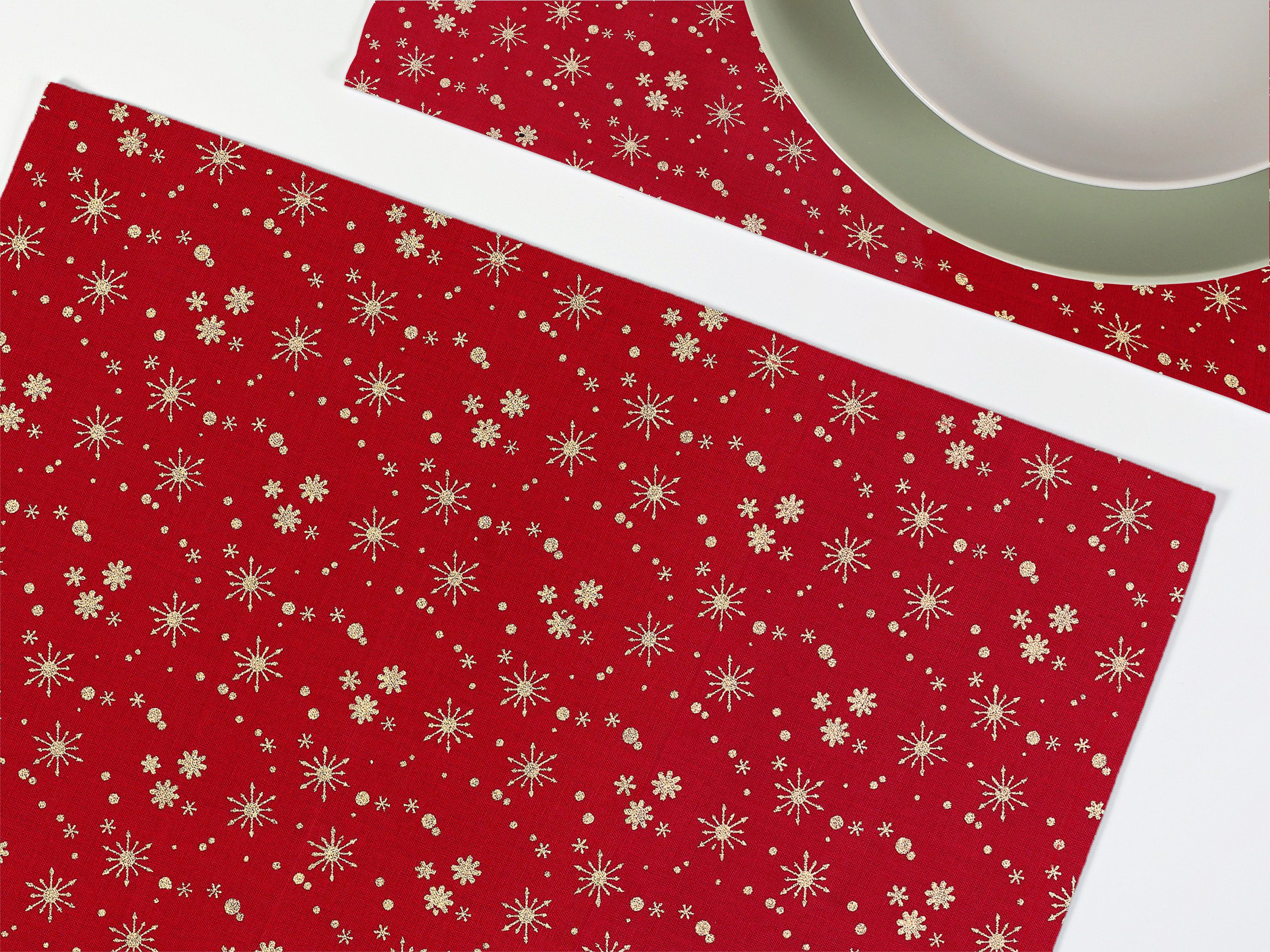 Vánoční bavlněné prostírání zlaté vločky na červené