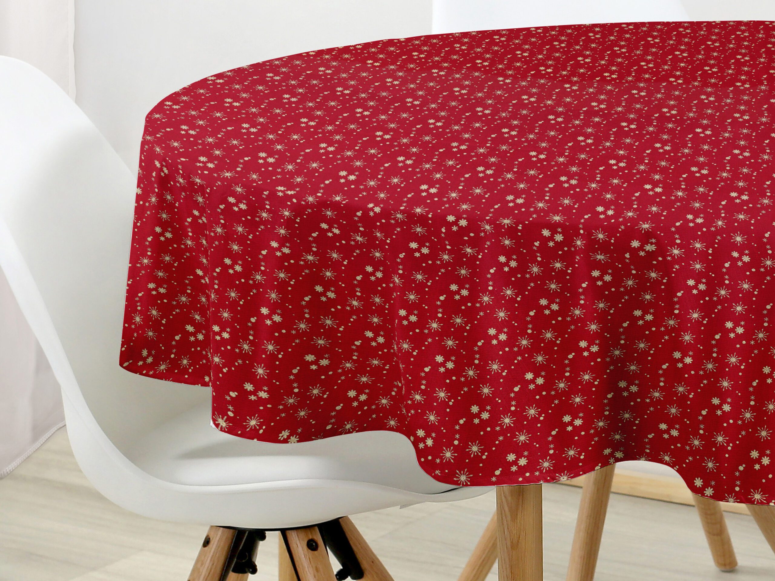 Kulatý bavlněný ubrus zlaté vločky na červené