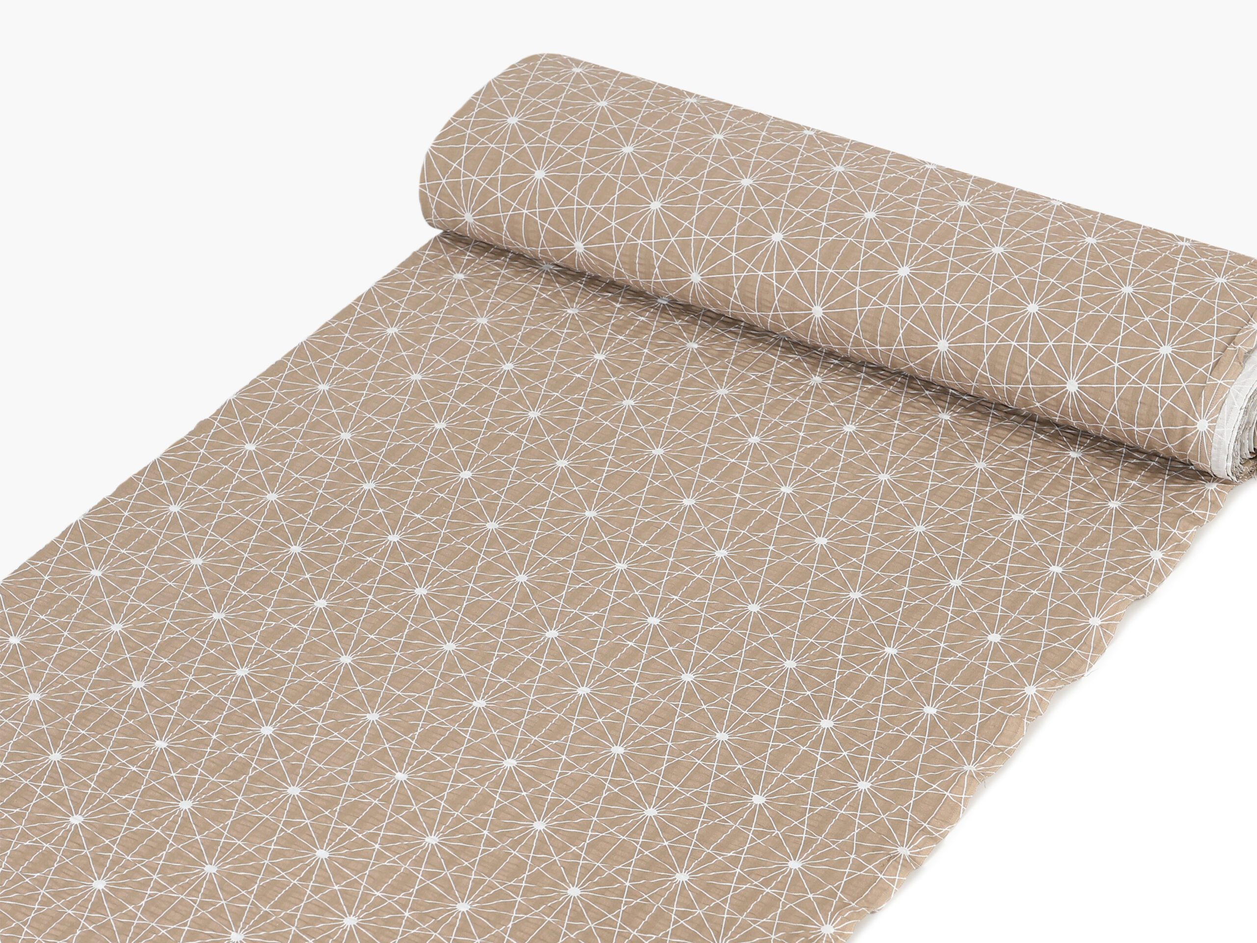 Krepová látka bílé čáry na hnědé metráž šířka 142 cm