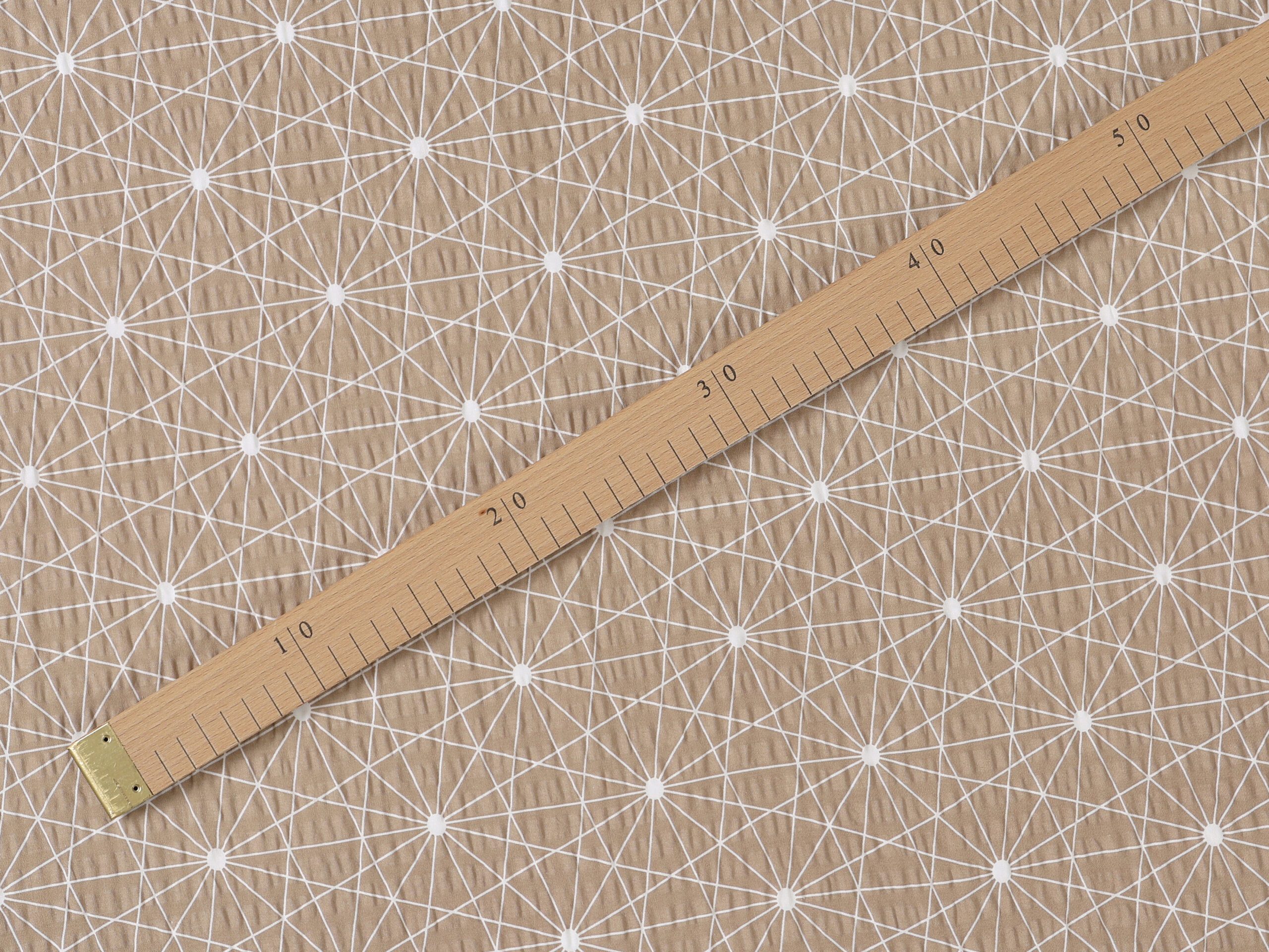 Krepová látka bílé čáry na hnědé metráž šířka 142 cm