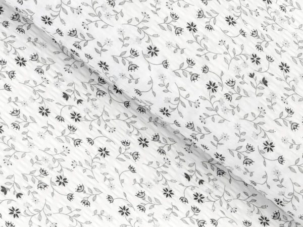 Krepová látka šedé kvítko na bílé metráž šířka 142 cm
