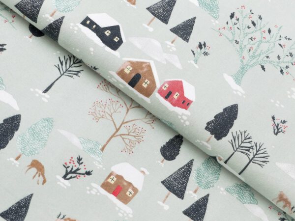 Flanelová látka zasněžený venkov metráž šířka 142 cm